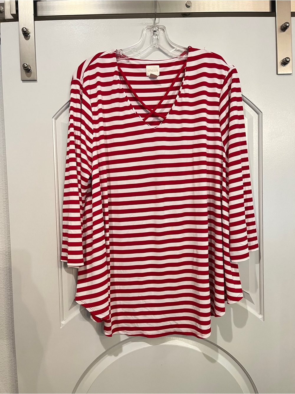 Chico's Red & White Striped Crisscross V-Neck tunic style swing Top. GUC
